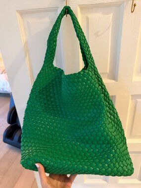 Green Woven Tote Bag in leather with matching green zipper makeup bag